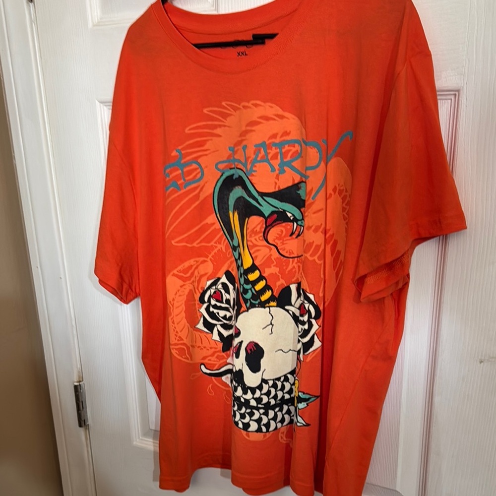 Ed Hardy Vibrant Orange Tee with Skull and Snake